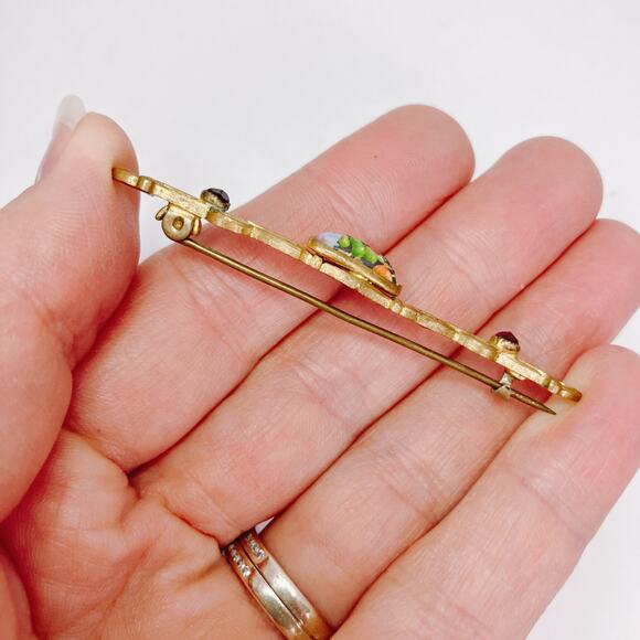 Vintage 1930s Art Deco Gold Tone Bar Brooch Foil Glass Cabochon Czech-style Pin - Picture 12 of 15
